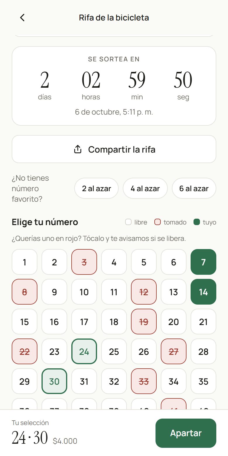 La cuadrícula de una rifa: números libres, tomados y tuyos